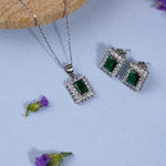 Silver Set Chain Rectangular Pendant with Earrings with Green Stones for Women