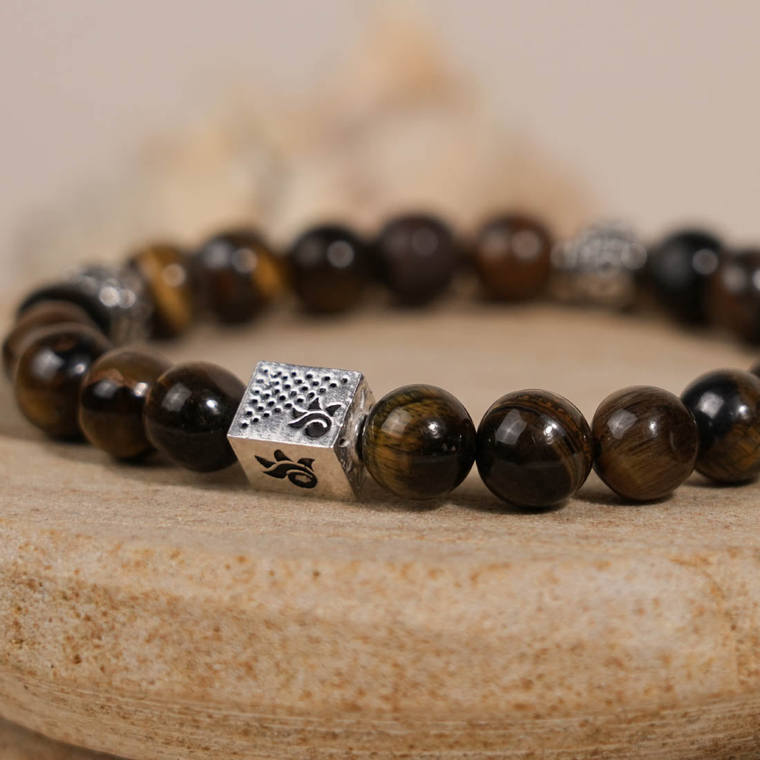 Tiger Eye Stone with Om Silver Beads Bracelet