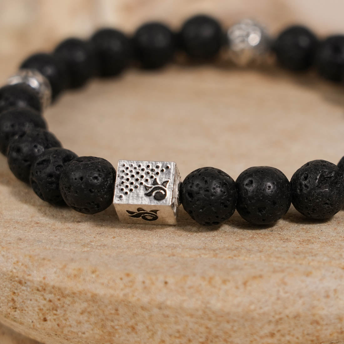 Lava Stone with Om Namah Shivay Silver Beads Bracelet