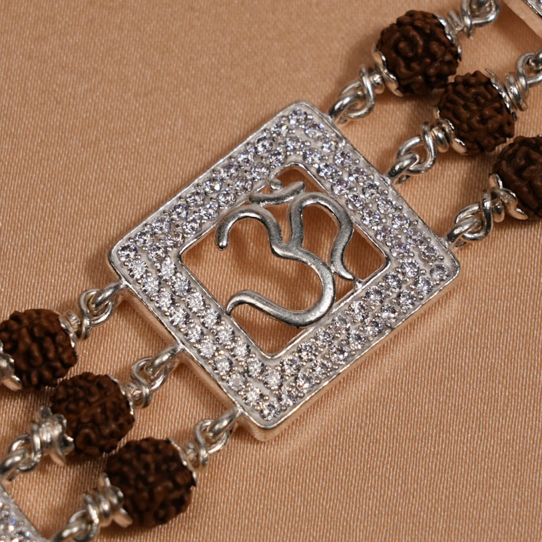 Rudraksha Silver Diamond Om Brooch Three Line Bracelet