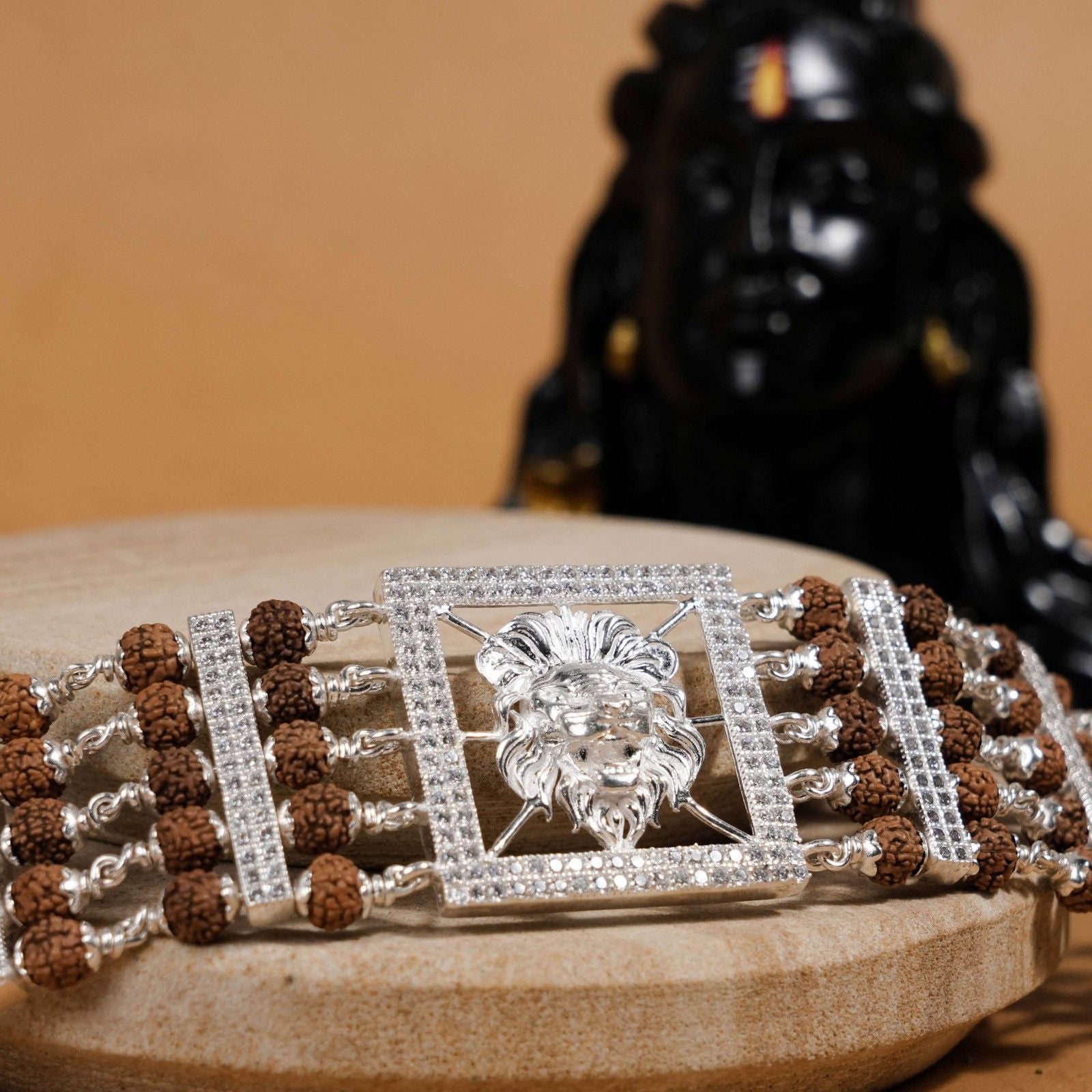 Rudraksha 92.5 Silver Roaring Lion Five Line Bracelet