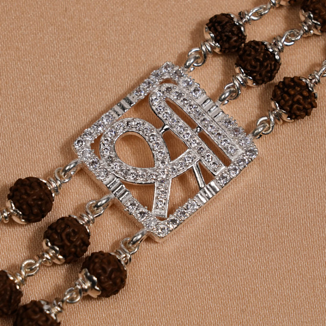 Rudraksha Silver Shree Brooch Triple Line Bracelet