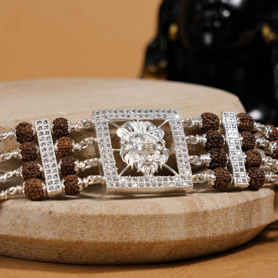 Rudraksha Silver Roaring Lion Four Line Bracelet