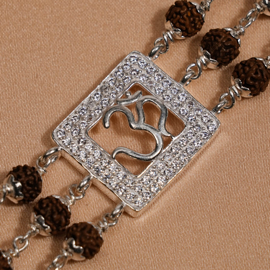 Rudraksha Silver Om in Diamond Square Triple Line Bracelet