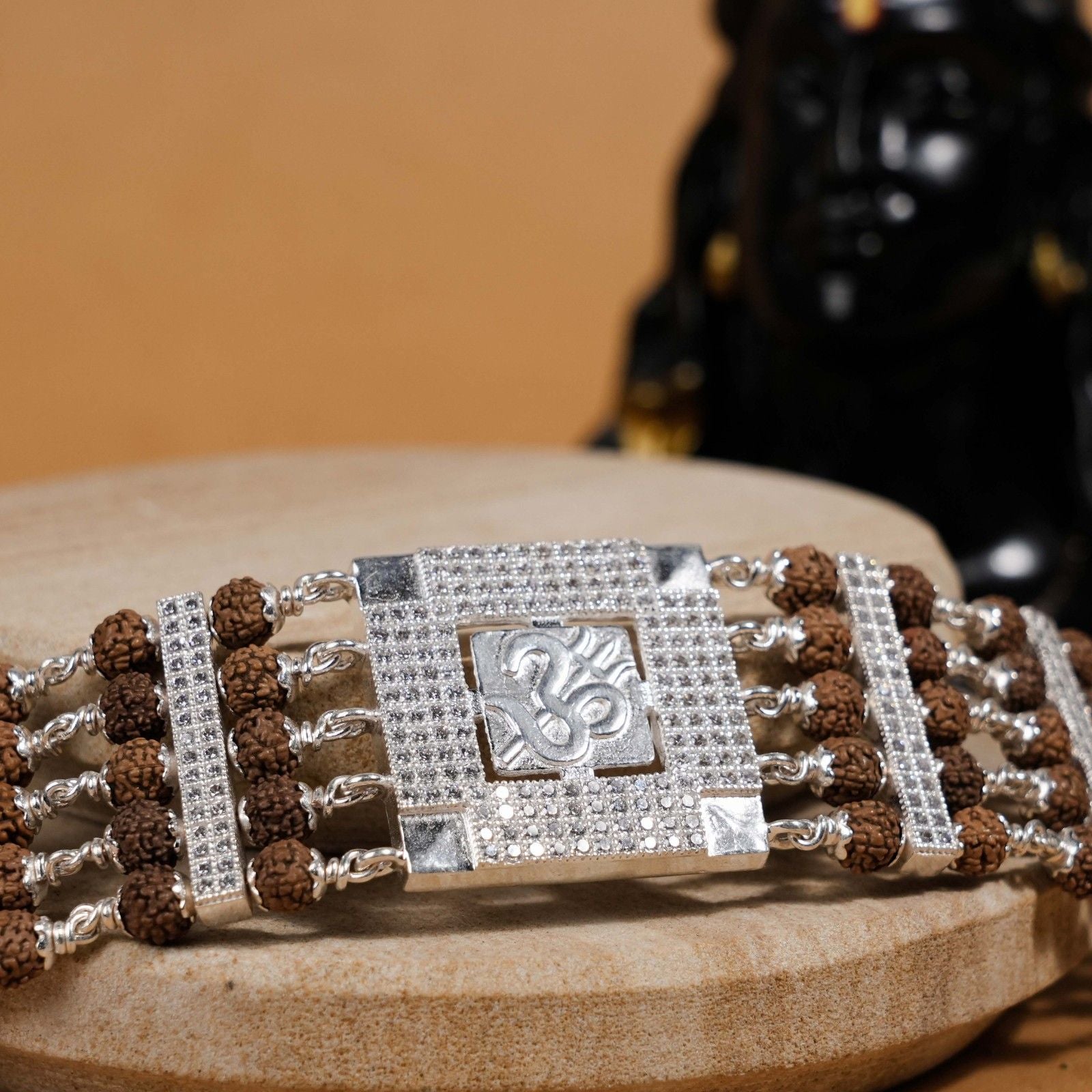 Rudraksha Silver Om and Trishul Five Lines Bracelet