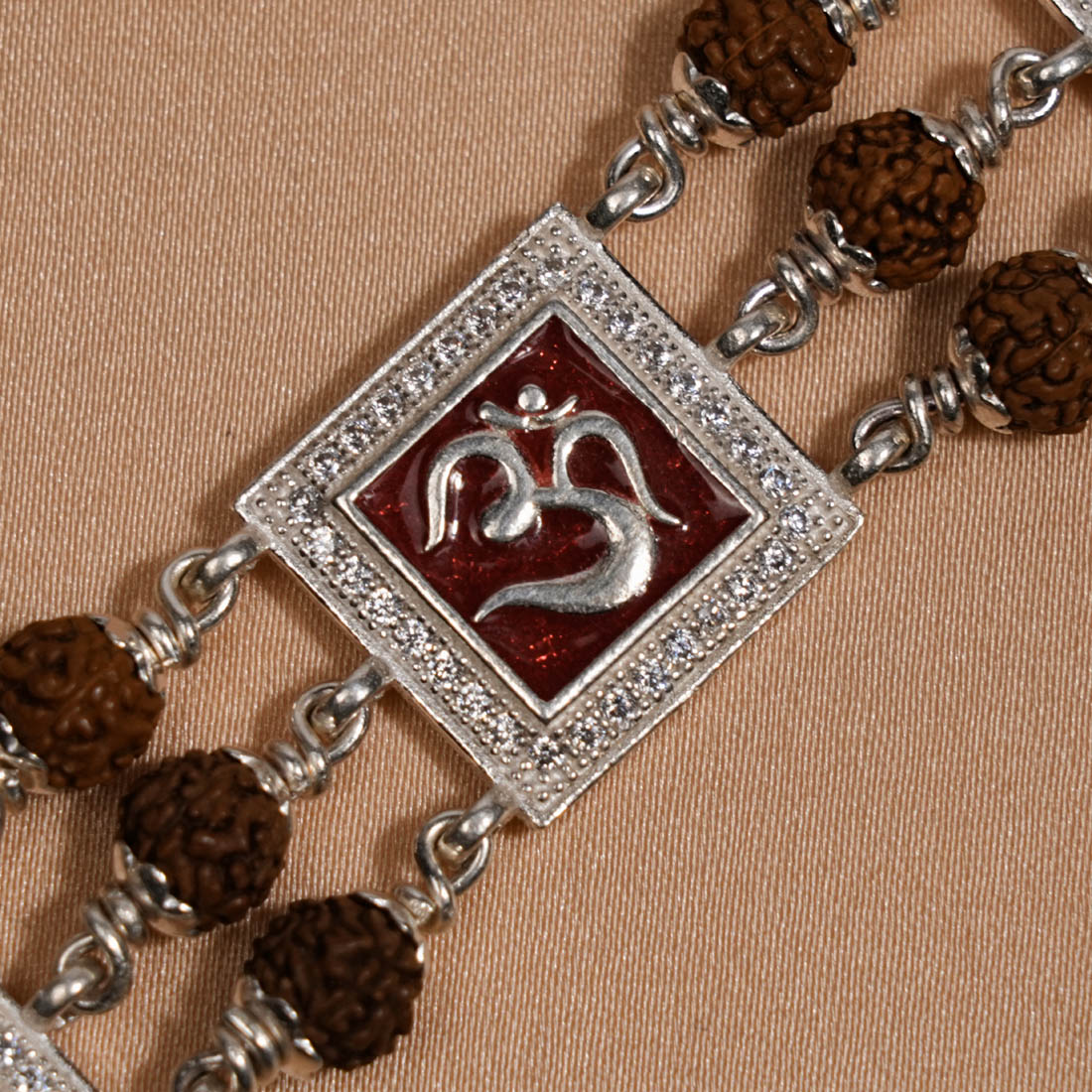 Rudraksha Silver Om With Swastik Tripal Line Bracelet