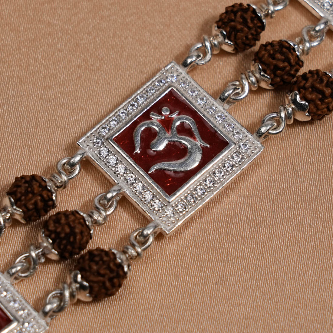 Rudraksha Silver Om With Shree Triple Line Bracelet