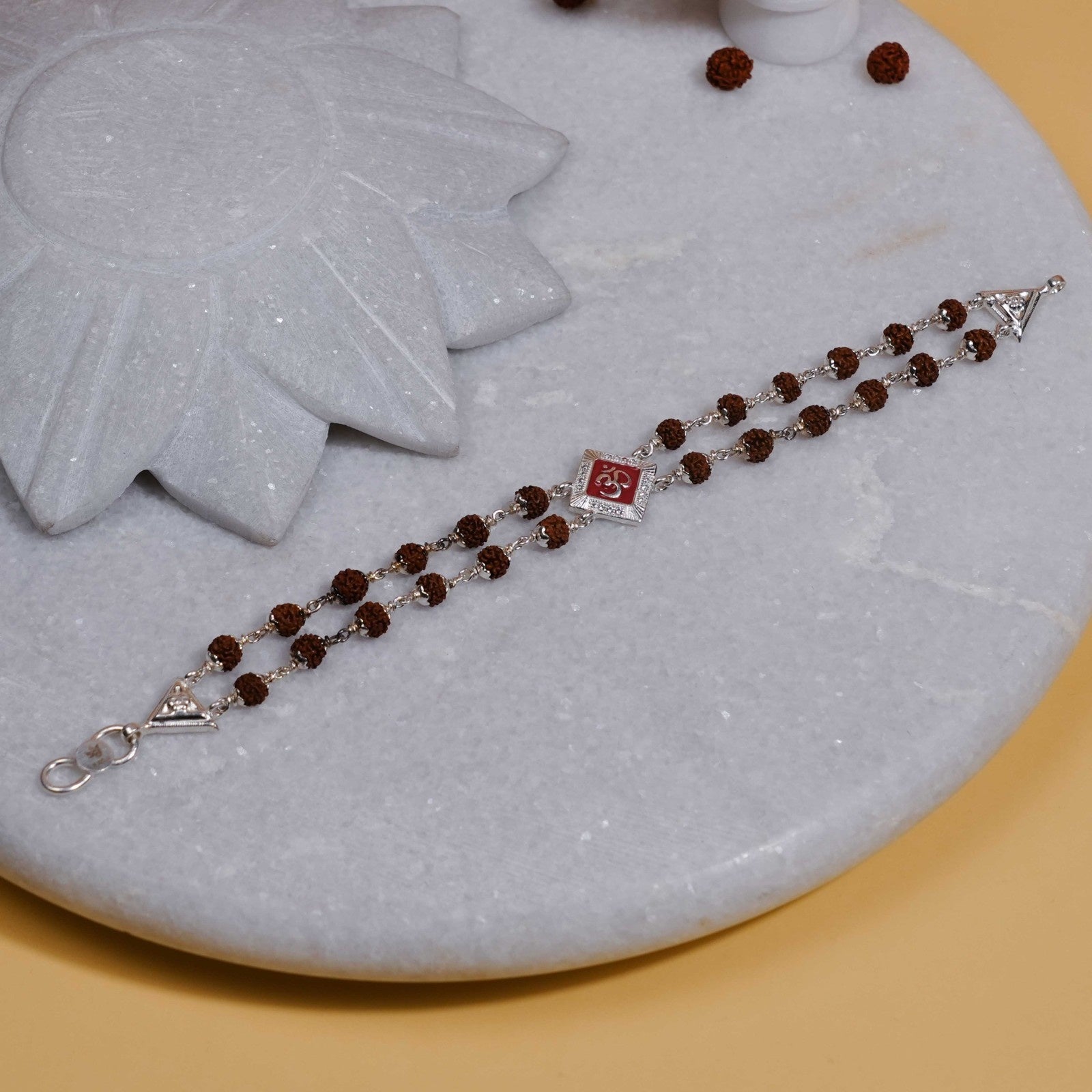 Rudraksha Silver Om Red-Col Double Line Bracelet