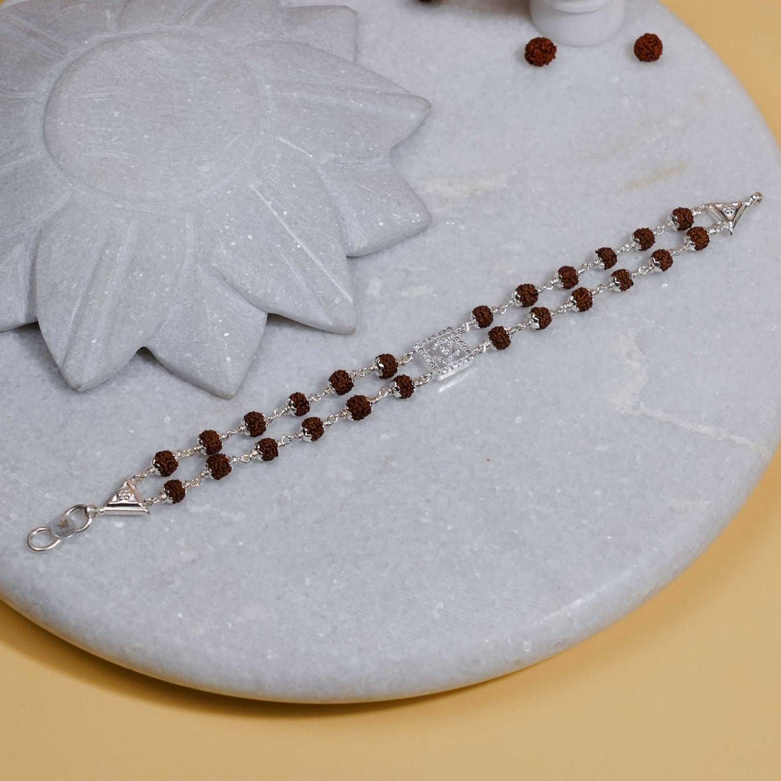 Rudraksha Silver Square Diamond Om double Line Bracelet
