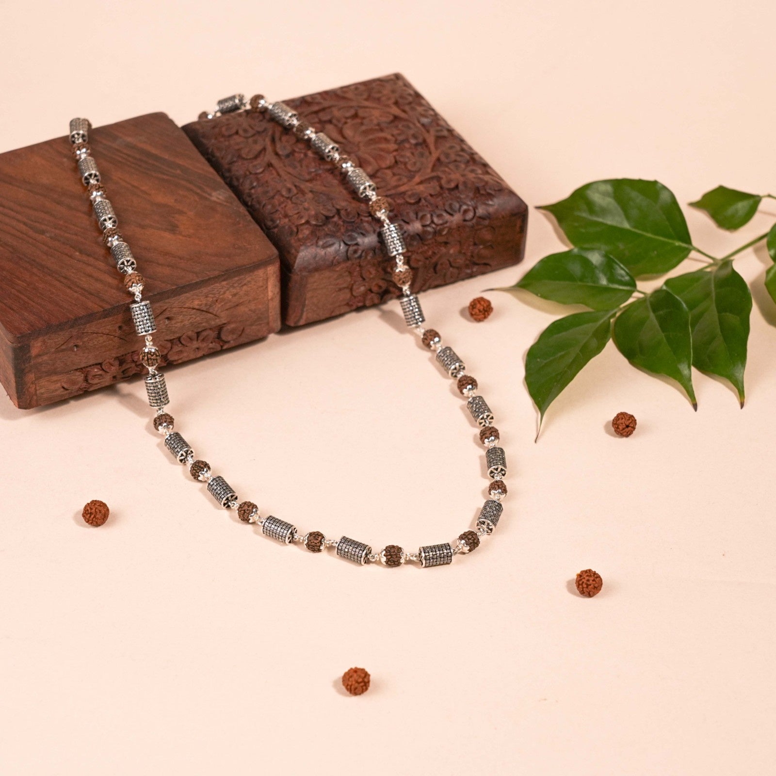 Cylindrical Silver Beads Rudraksha Mala