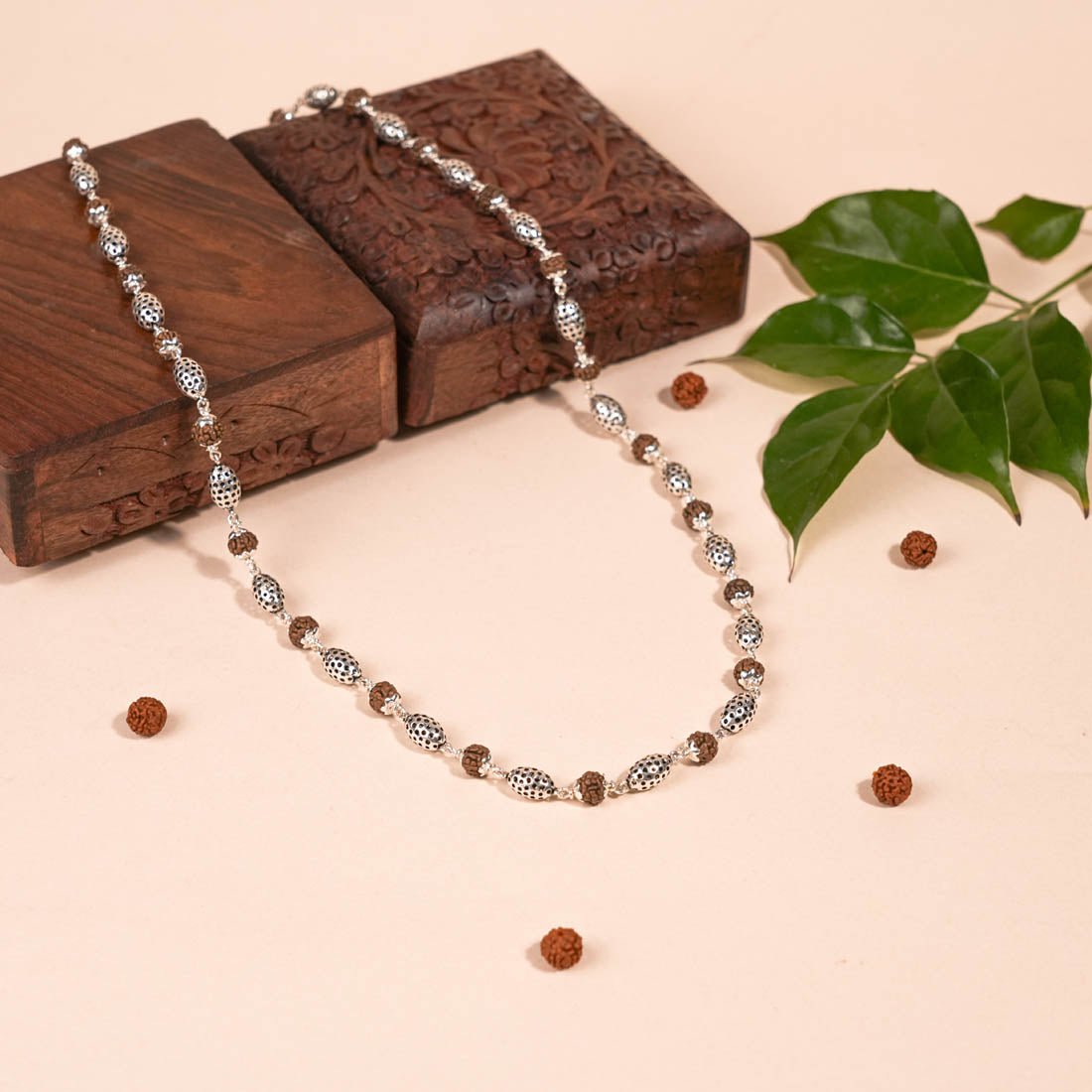 Authentic Rudraksha Silver Mala (Perforated Oval Beads)
