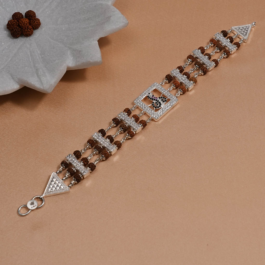 Authentic Rudraksha Silver Daimond Goga Tripel Line Bracelet