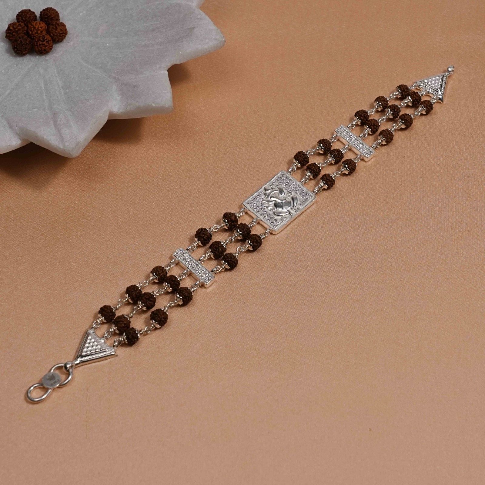 Original Rudraksha Silver Diamond Ganesh Triple Line Bracelet