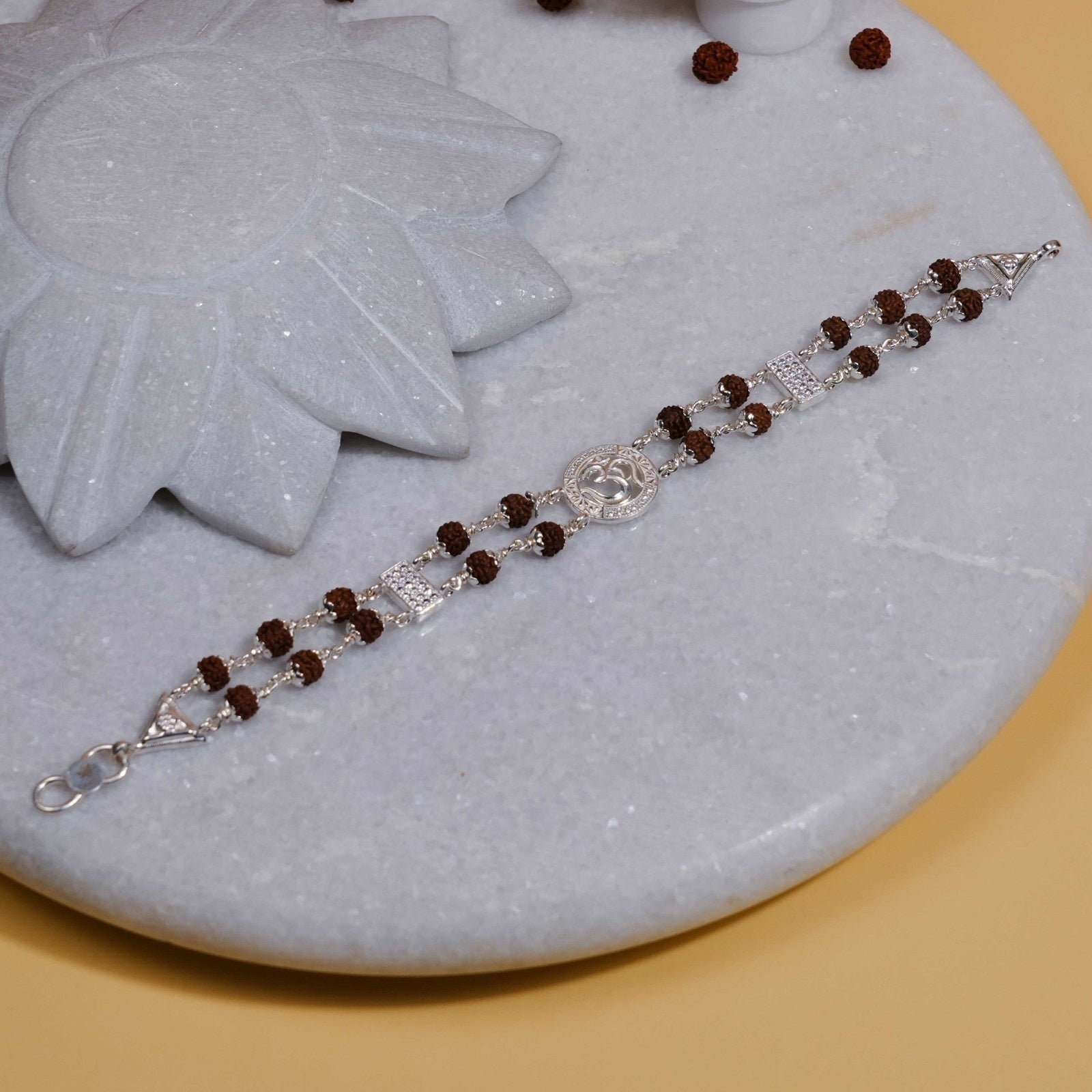 Rudraksha Silver Om Sacred Double Line Bracelet