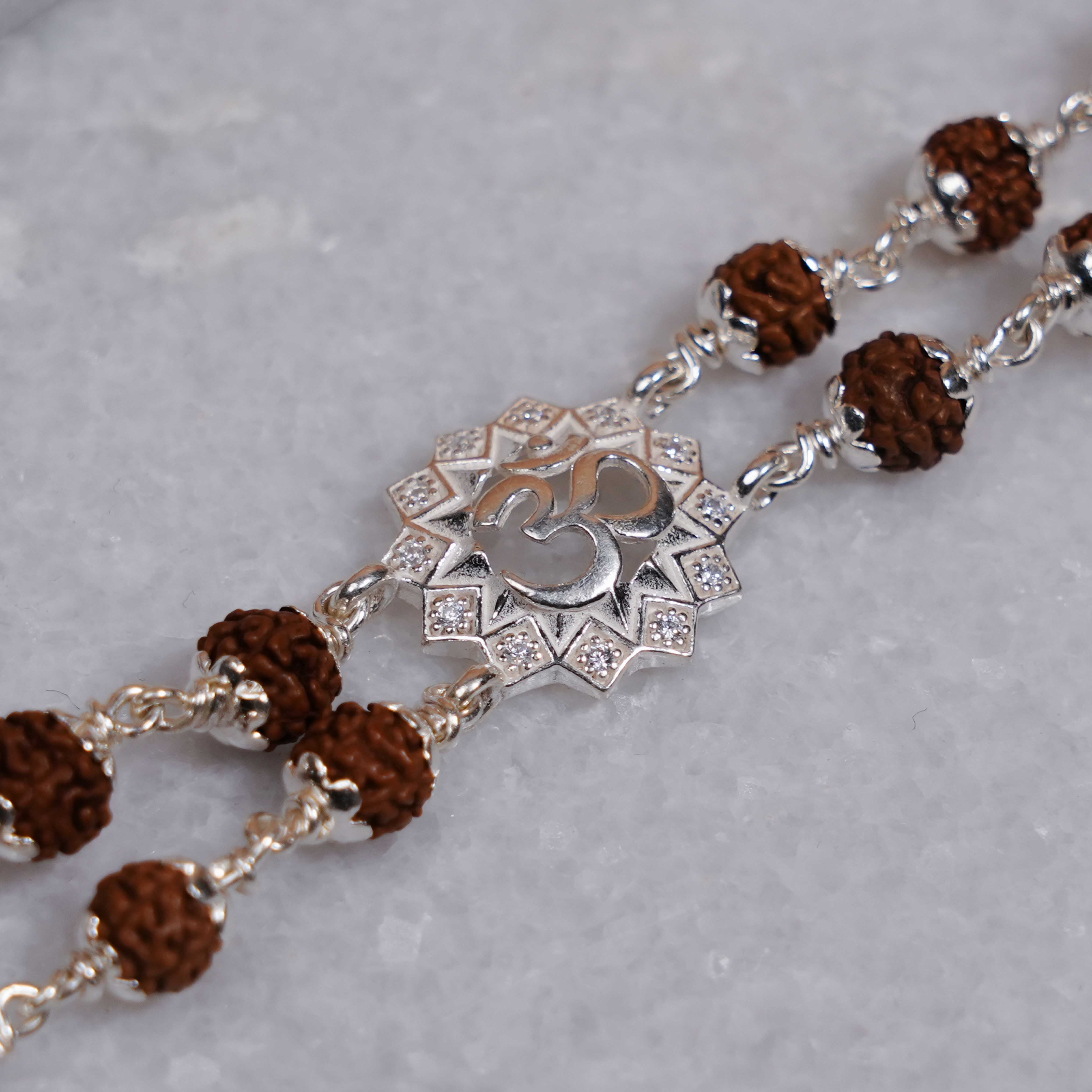 Rudraksha Silver Om Flower double line Bracelet