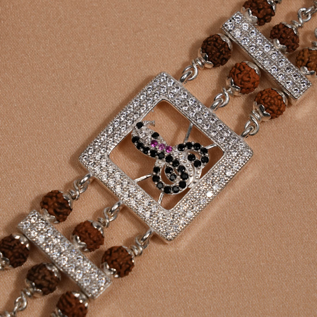 Rudraksha Silver Daimond Goga Tripel Line Bracelet
