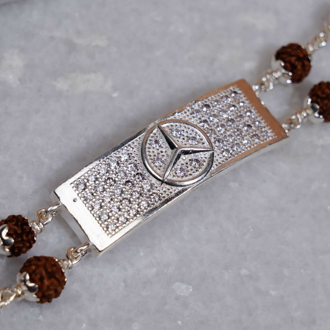 Rudraksha Silver Mercedes Symbol Double Line Bracelet