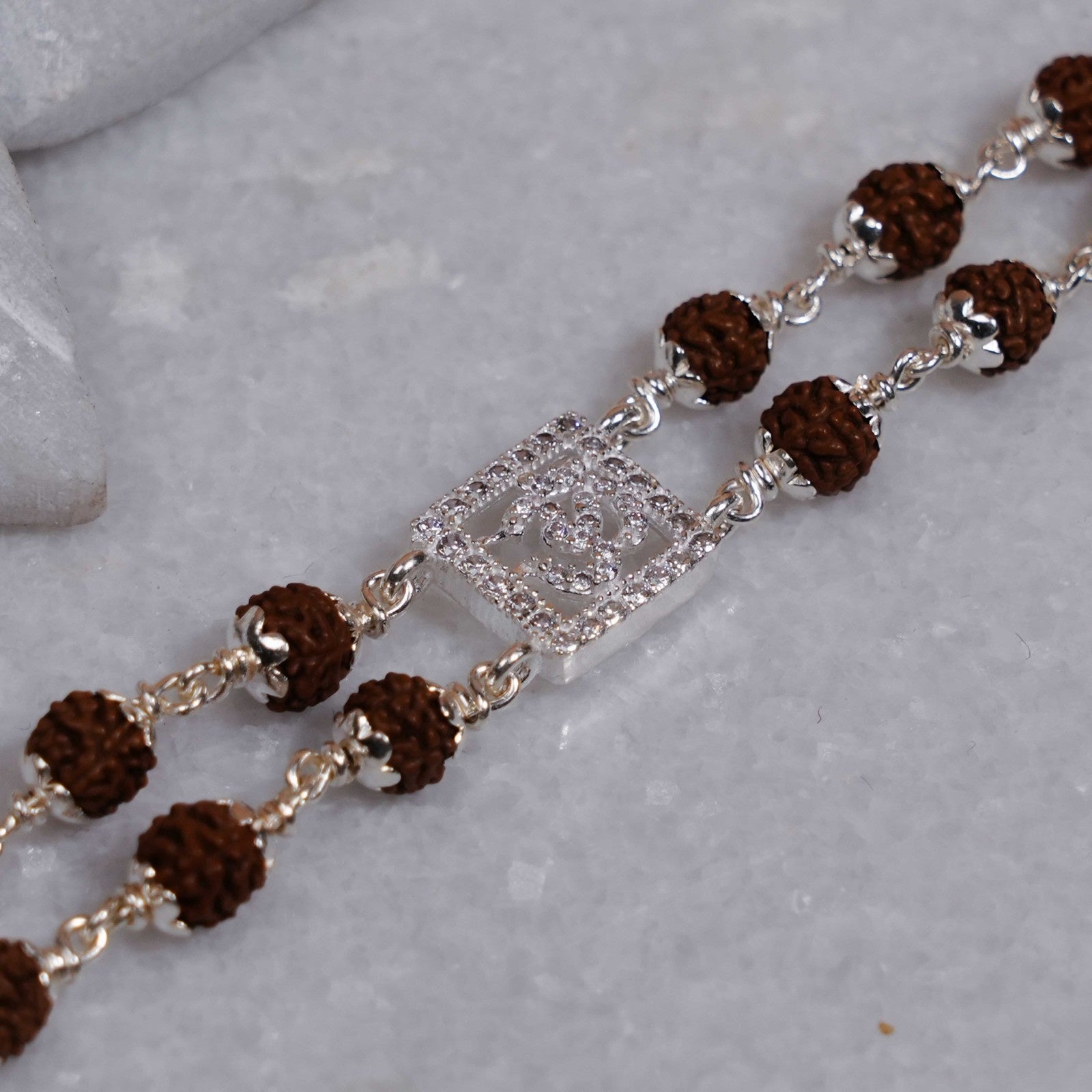 Rudraksha Silver Square Diamond Om double Line Bracelet