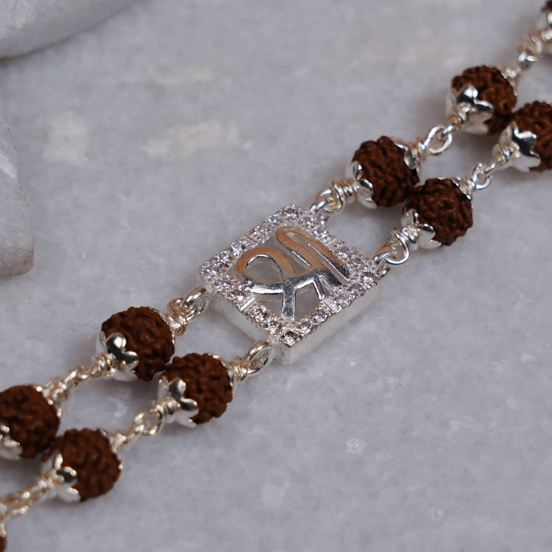 Rudraksha Silver Shree in Square double line bracelet