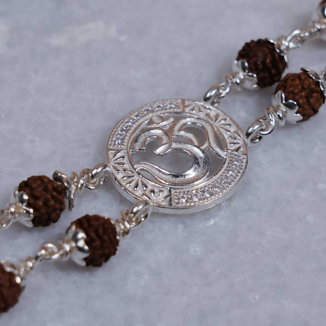 Rudraksha Silver Om Sacred Double Line Bracelet