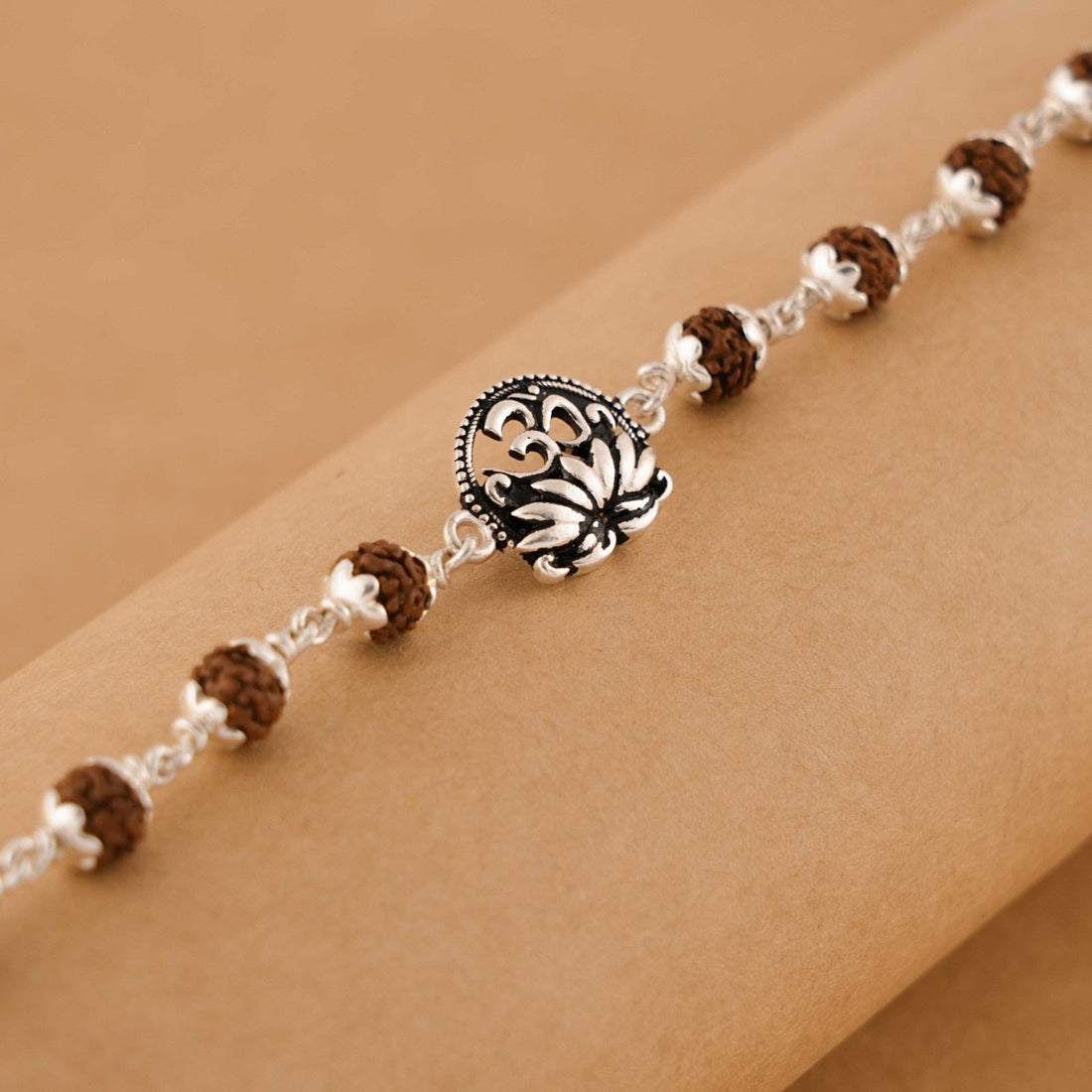 Rudraksha Silver With Om Lotus Flower Bracelet