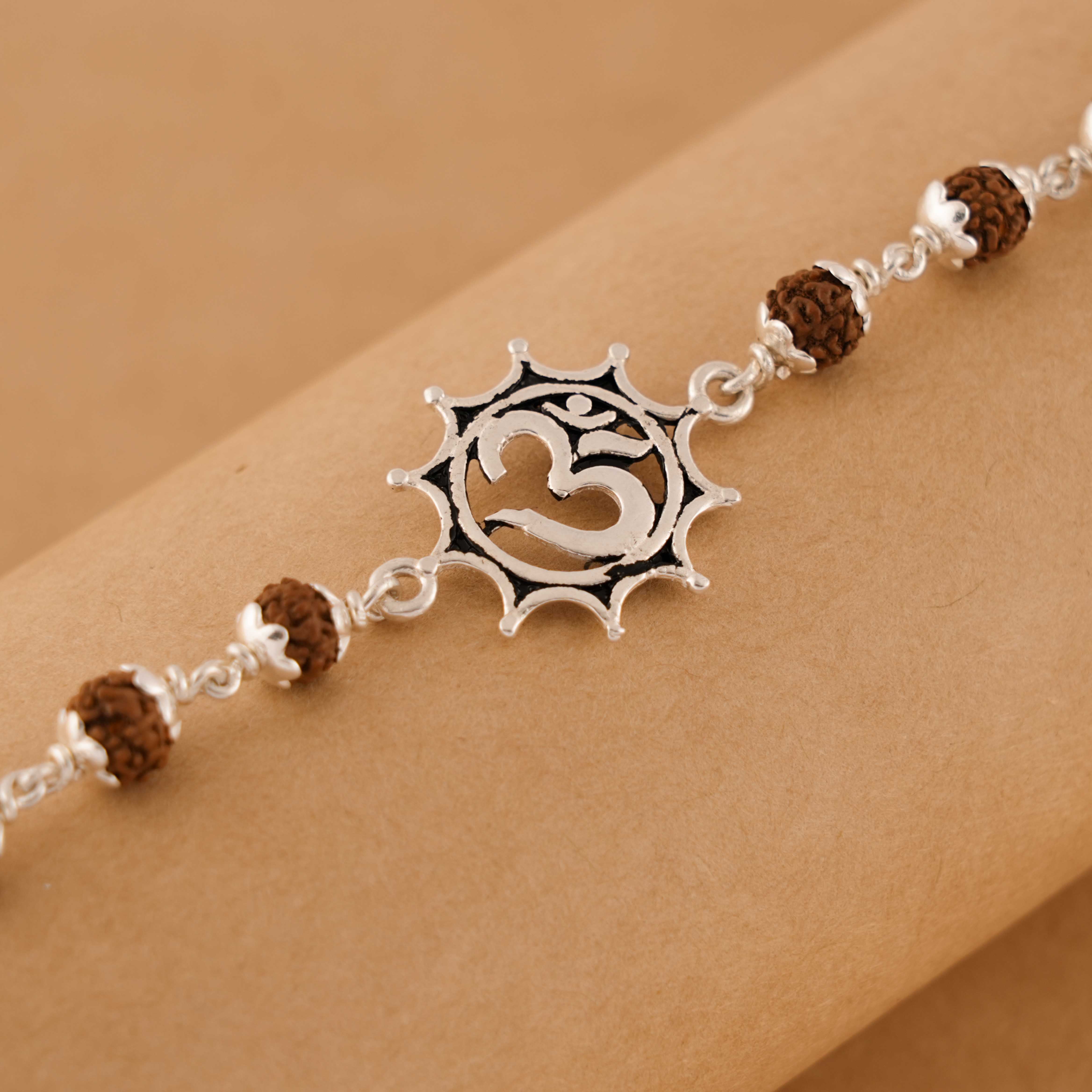 Rudraksha Silver Bracelet with Om in Pointed Circle