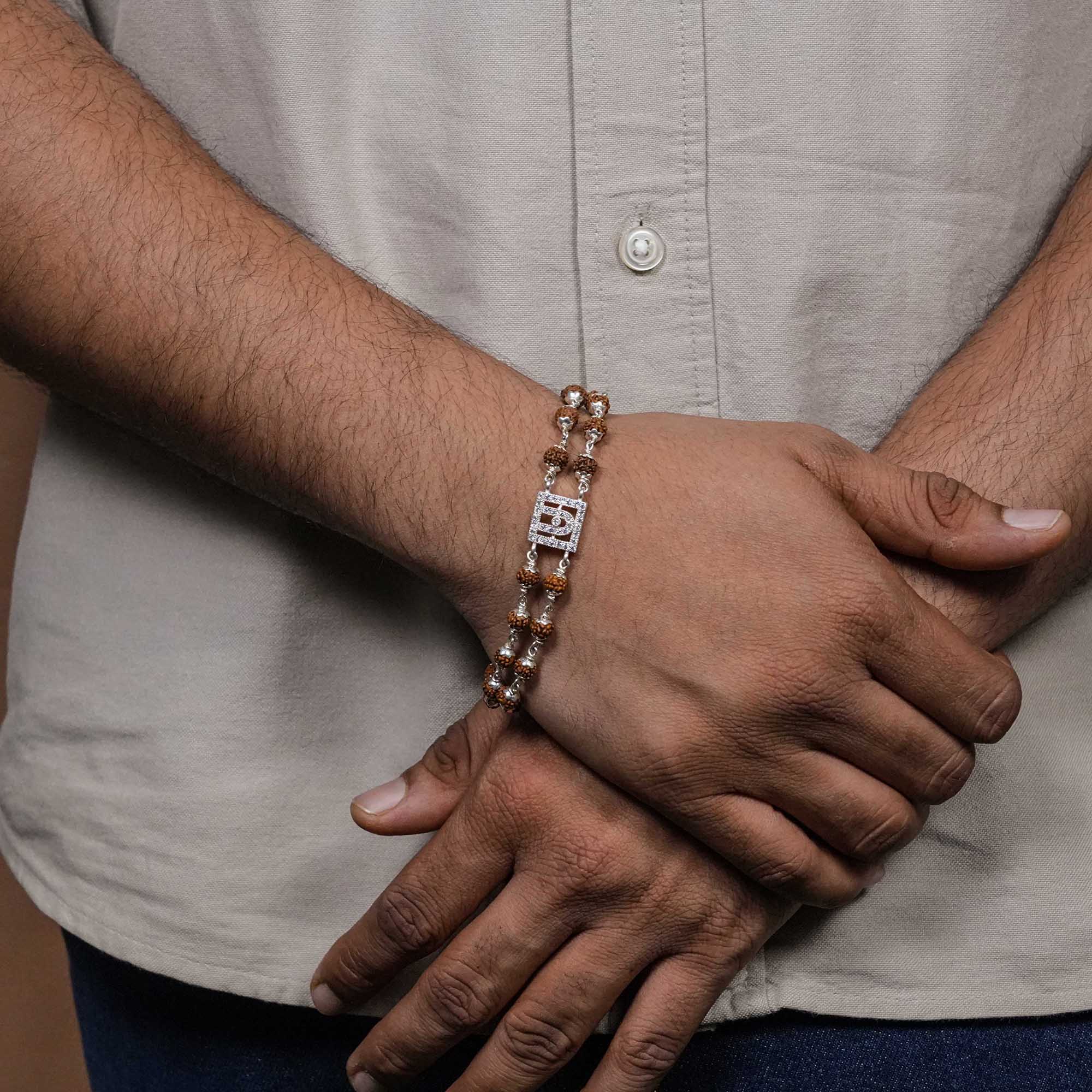Orignal Rudraksha Silver BAPS Tilak Double Line Bracelet