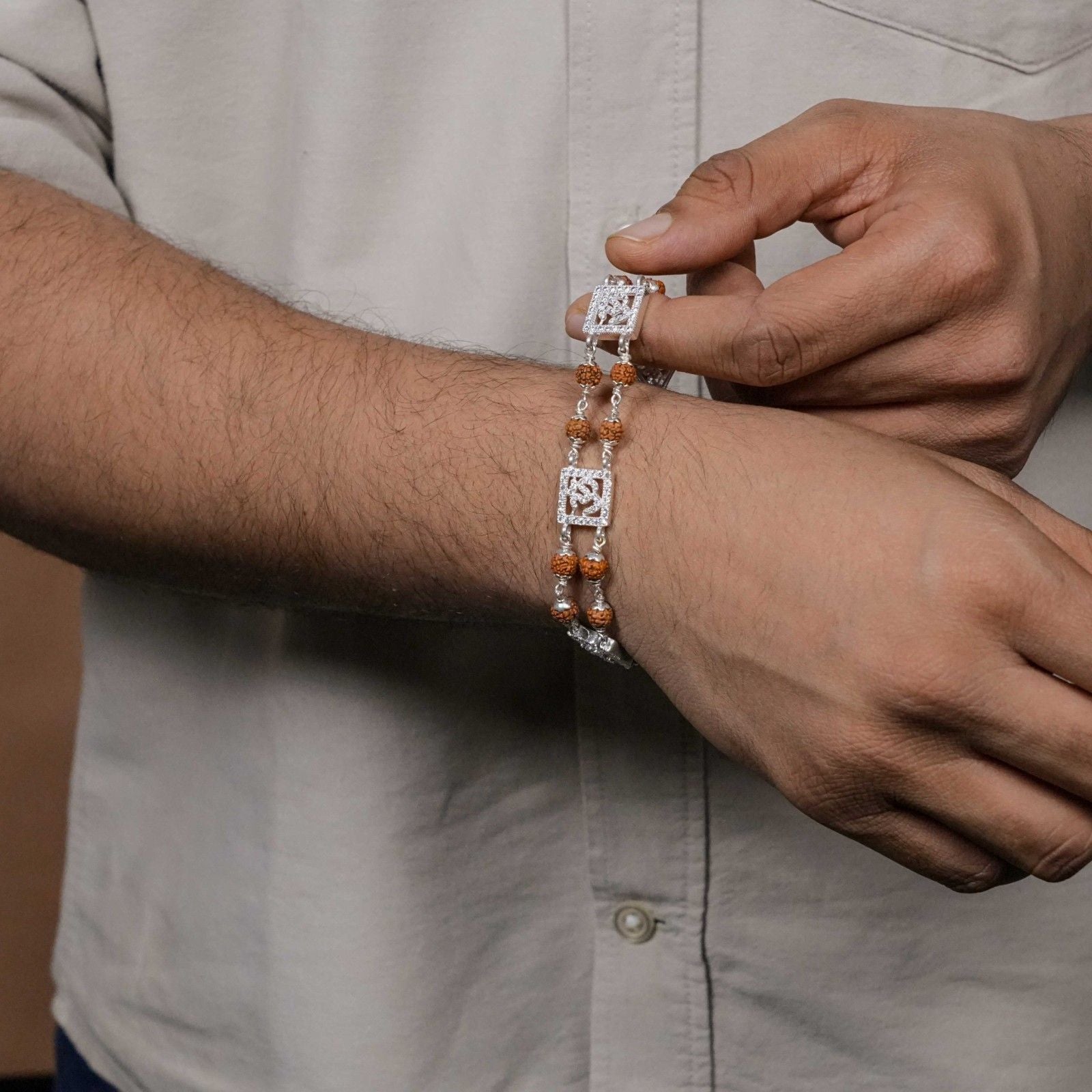 92.5 Silver Three Om Double Line Rudraksha Bracelet