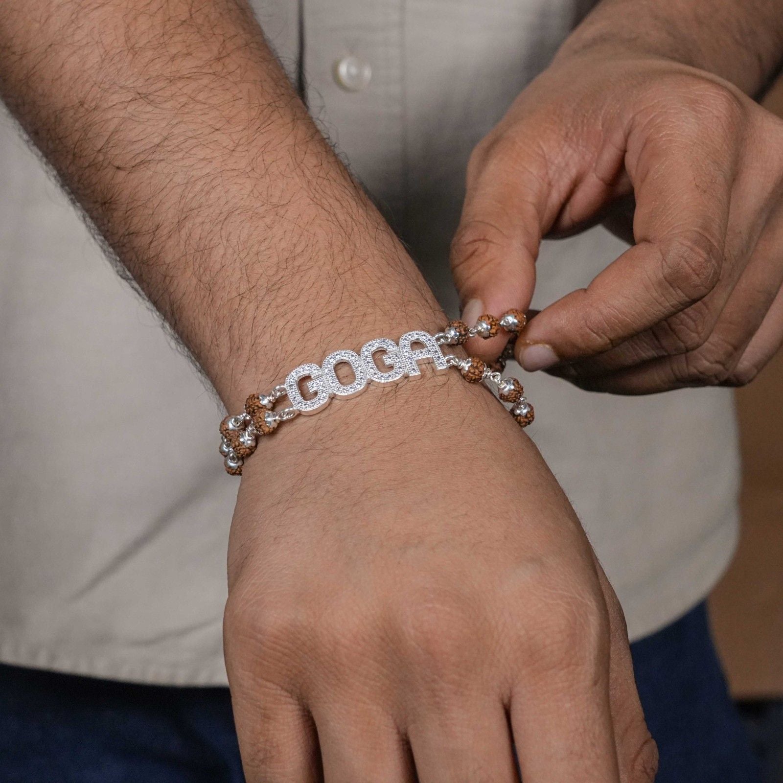 Buy Rudraksha Silver Goga Brooch Double Line Bracelet