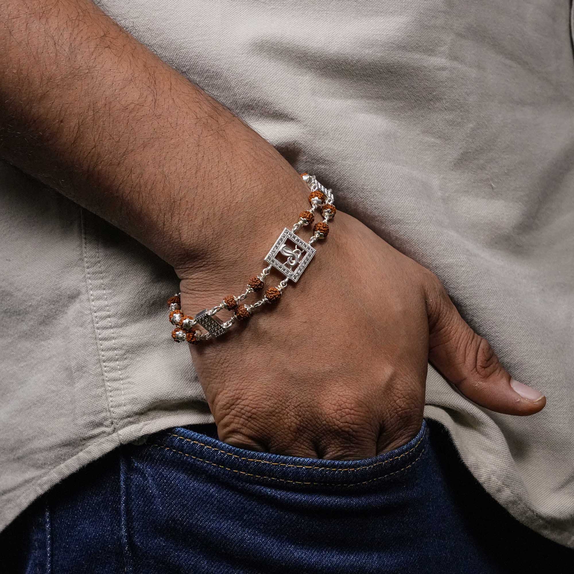 Orignal Rudraksha Silver Bracelet with Central Naag Double Line