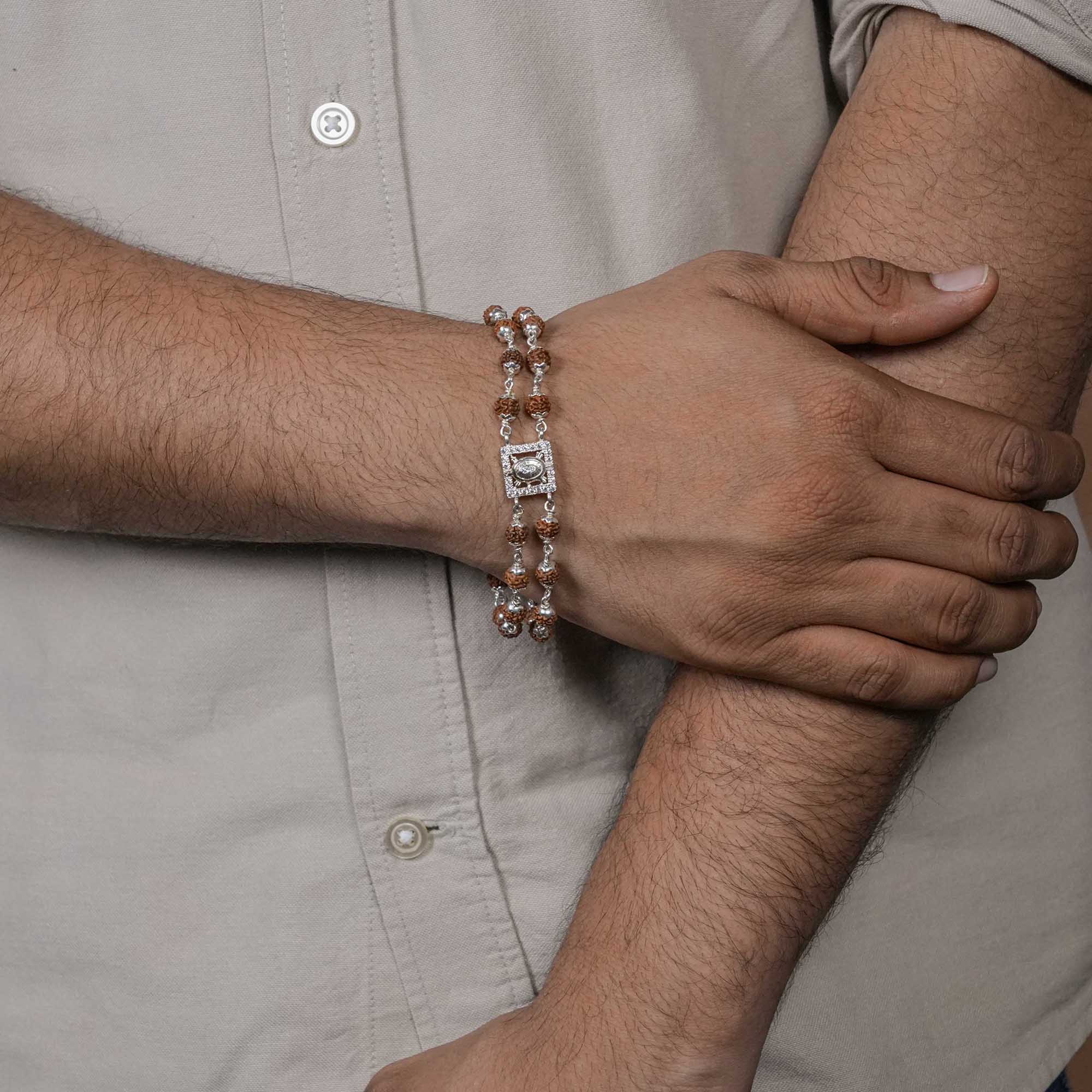 Orignal Rudraksha Silver Tortoise Symbol Double Line Bracelet