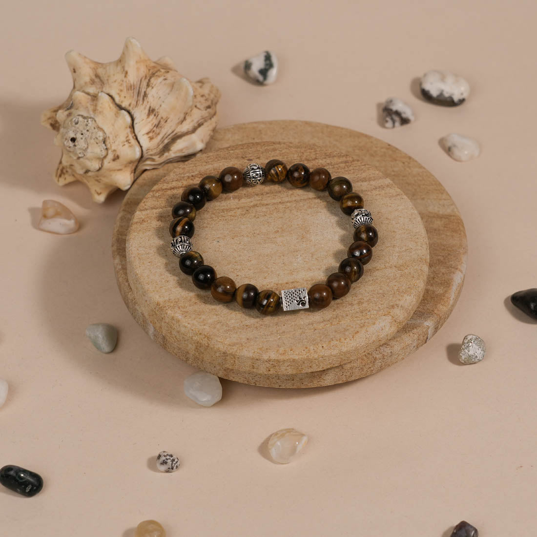 Authentic Tiger Eye Stone with Om Namah Shivay Silver Beads Bracelet