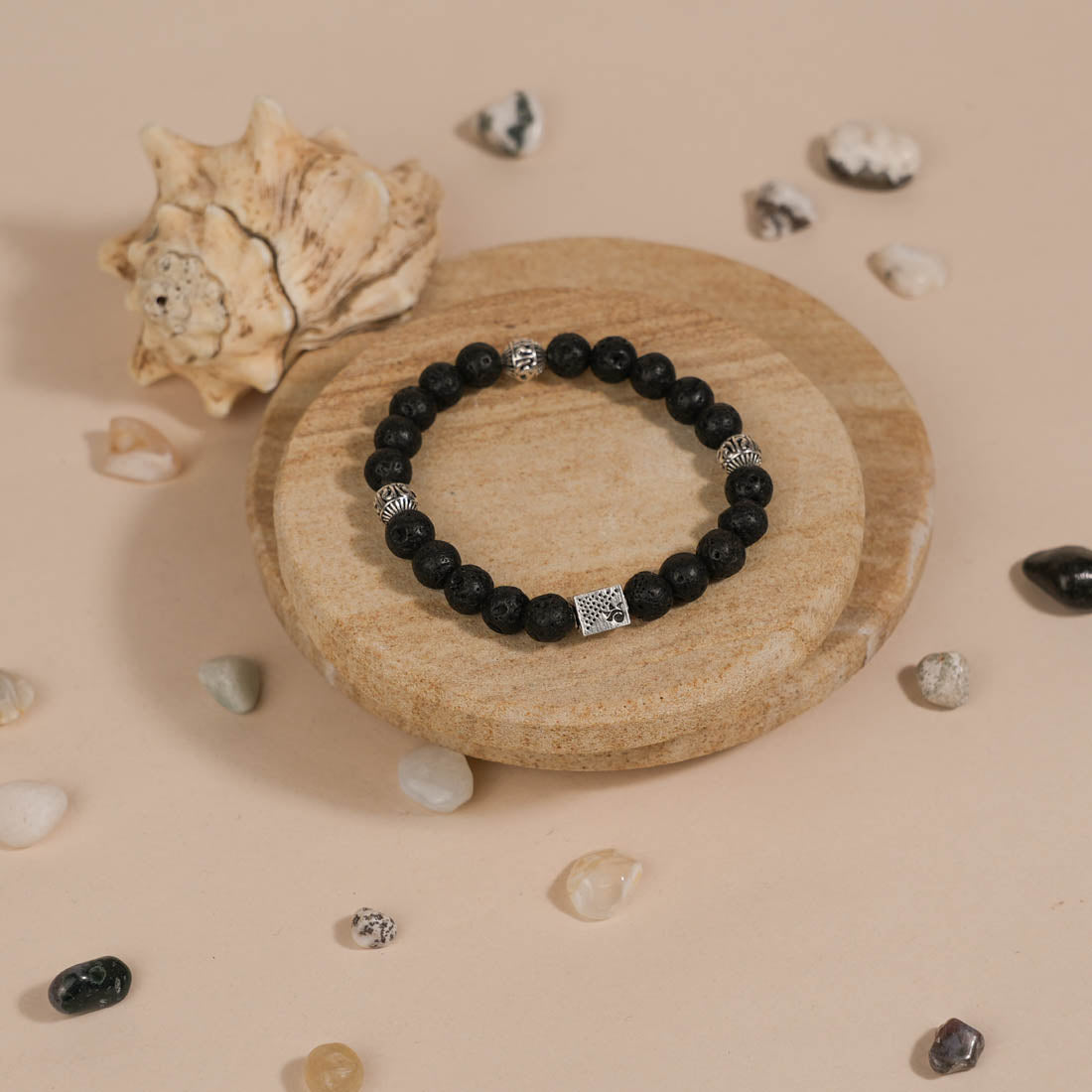 Authentic Lava Stone with Om Namah Shivay Silver Beads Bracelet