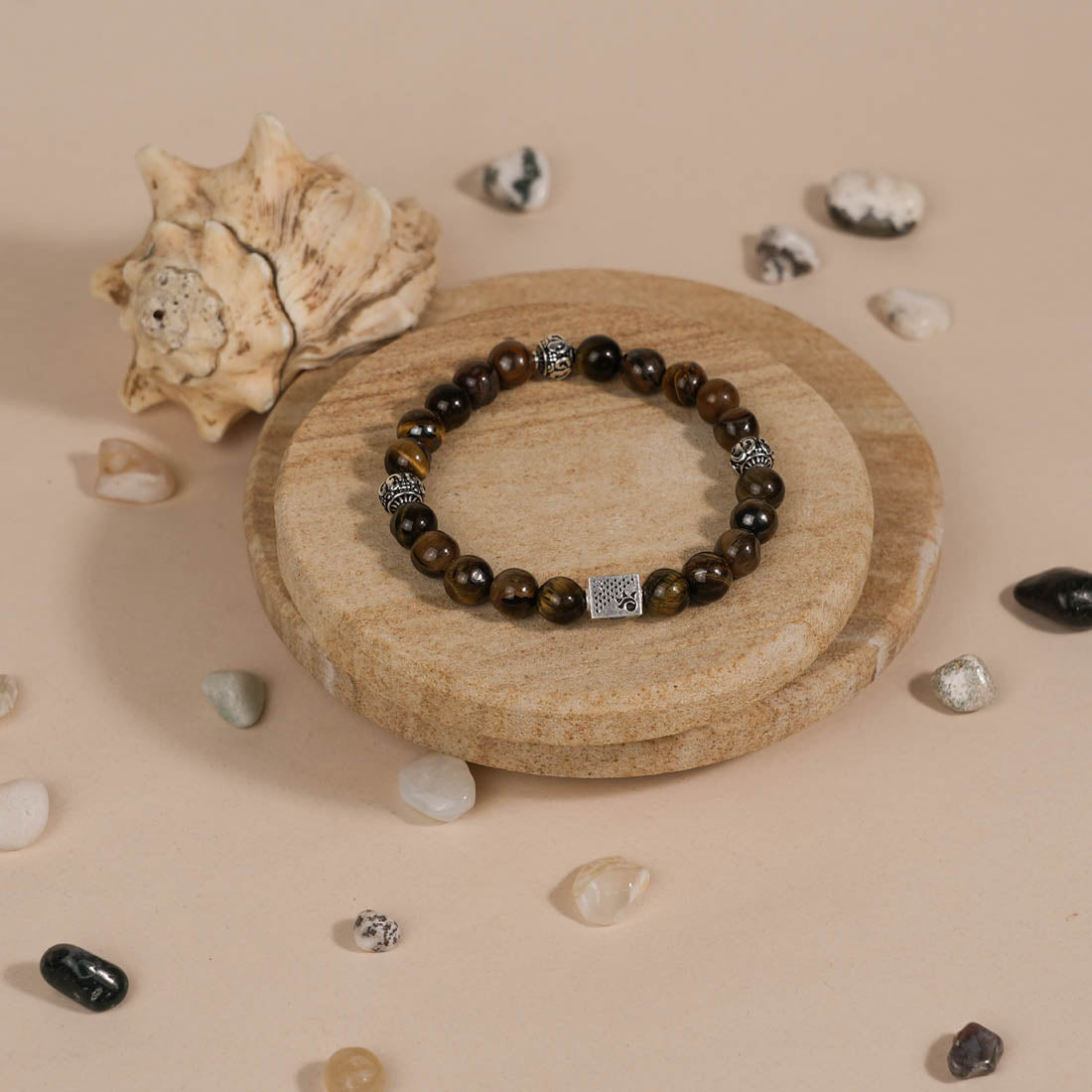 Authentic Tiger Eye Stone with Om Silver Beads Bracelet