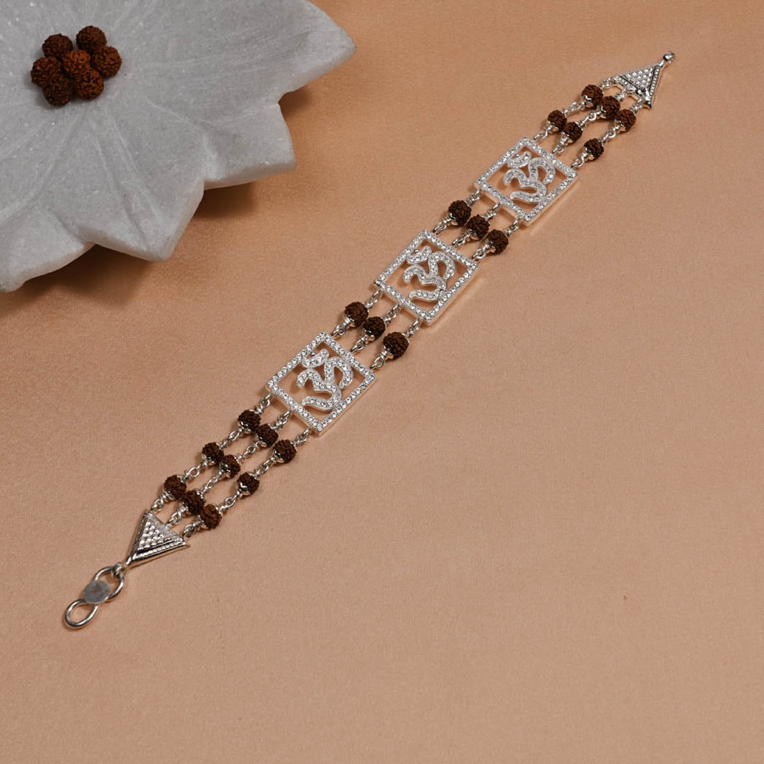 Rudraksha Silver Three Om Brooch Bracelet