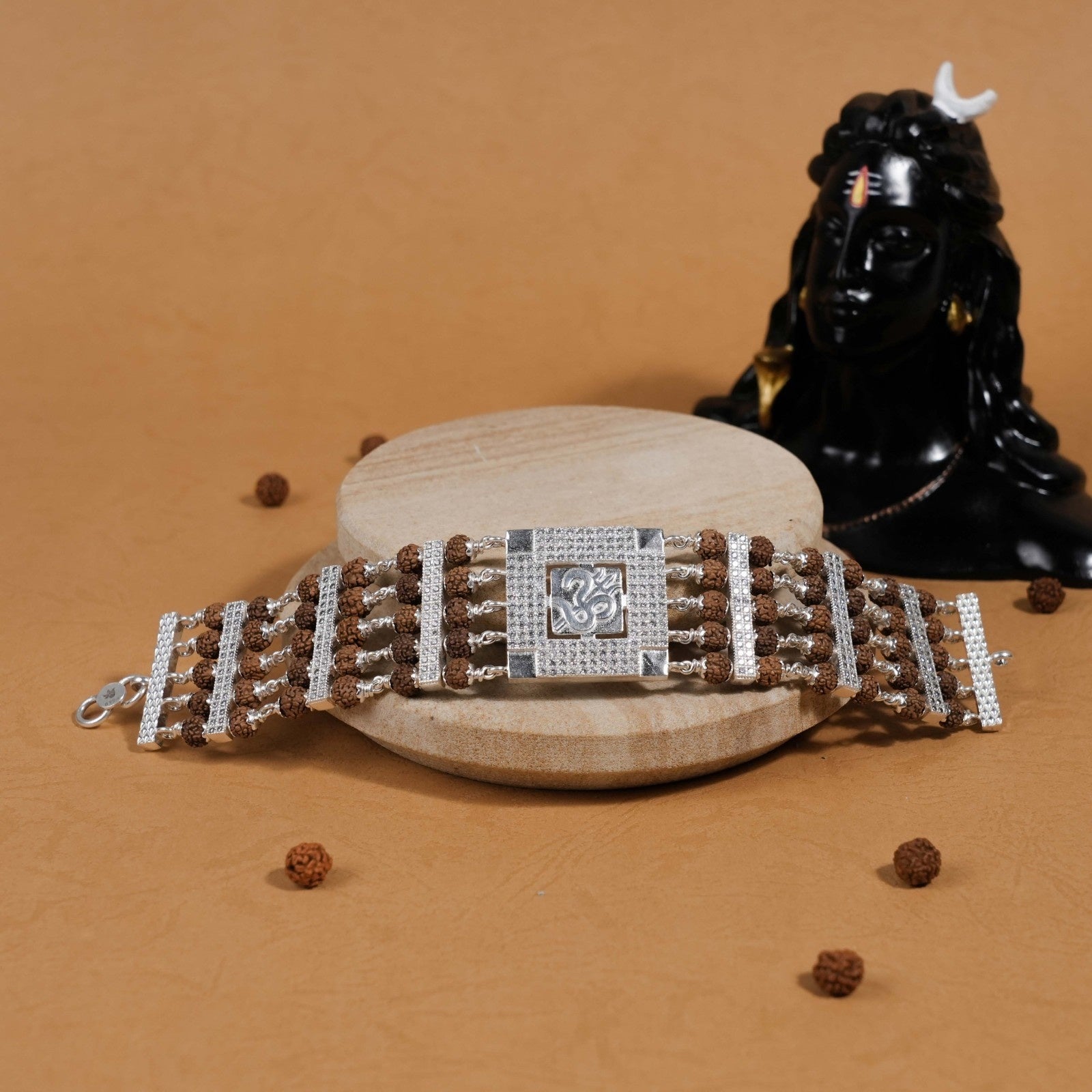 Rudraksha Silver Om and Trishul Five Lines Bracelet