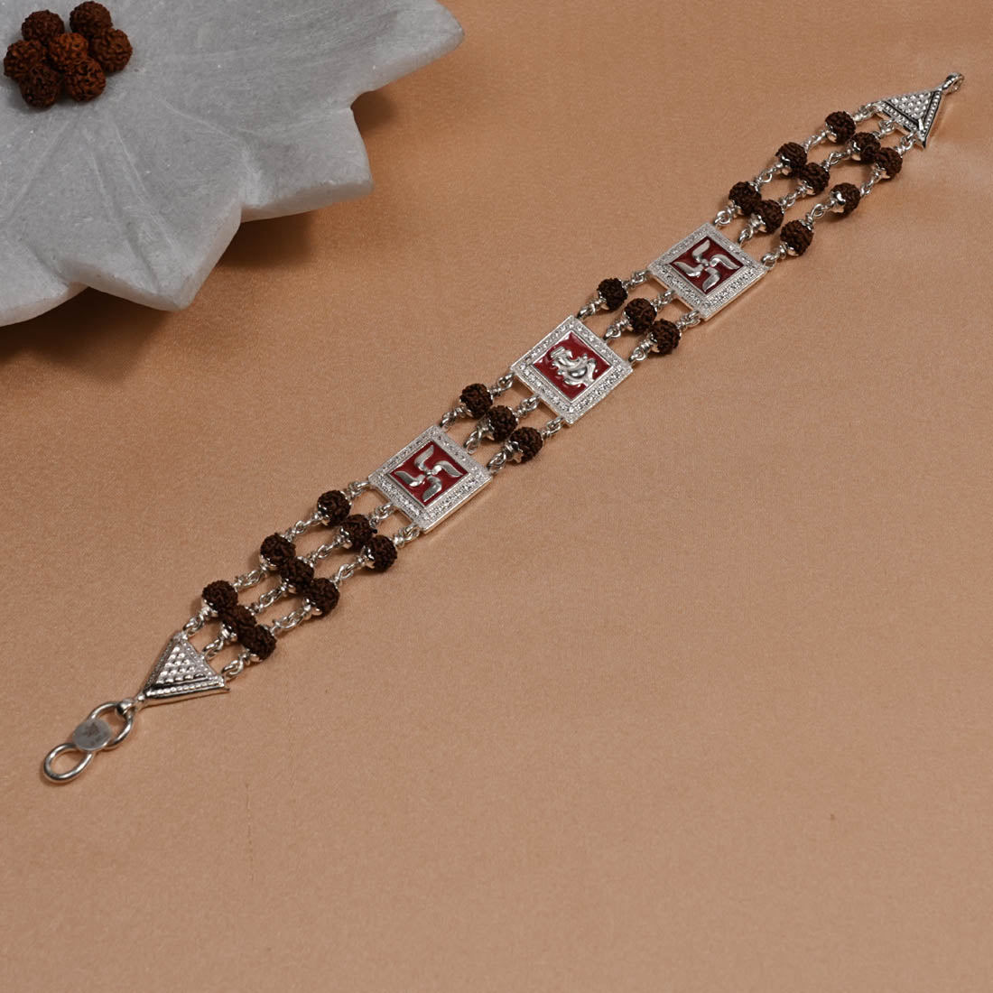 Authentic Rudraksha Silver Ganesh With Swastik Triple Line Bracelet