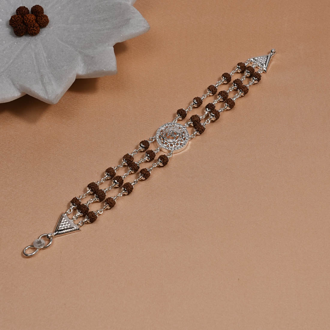 Authentic Rudraksha Silver Om in Flower Bracelet