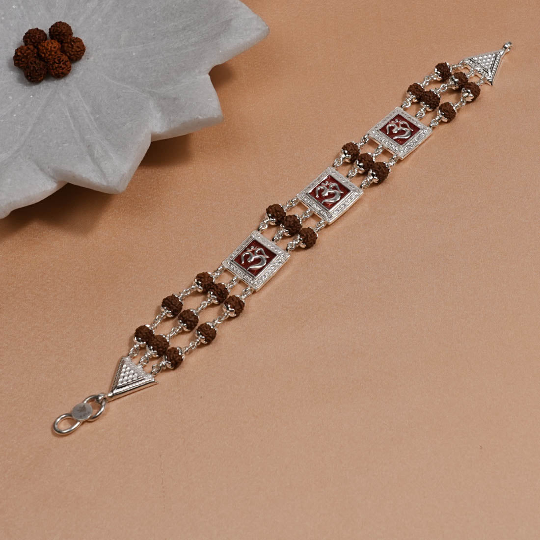 Authentic Rudraksha Silver Three Om in Red Brooch Bracelet