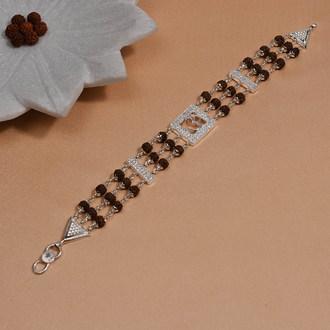 Authentic Rudraksha Silver Om in Diamond Square Triple Line Bracelet