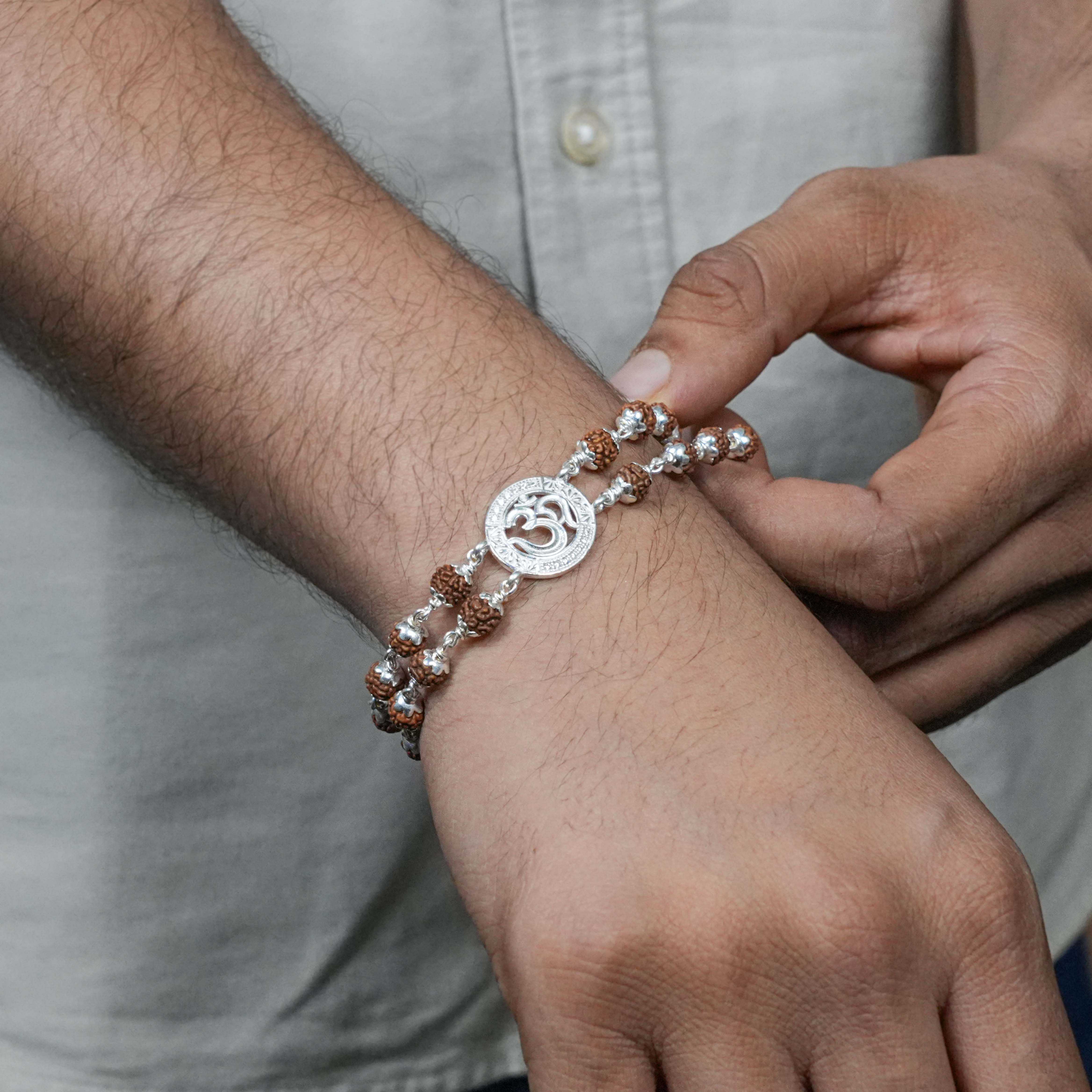 Buy Rudraksha Silver Om Sacred Double Line Bracelet