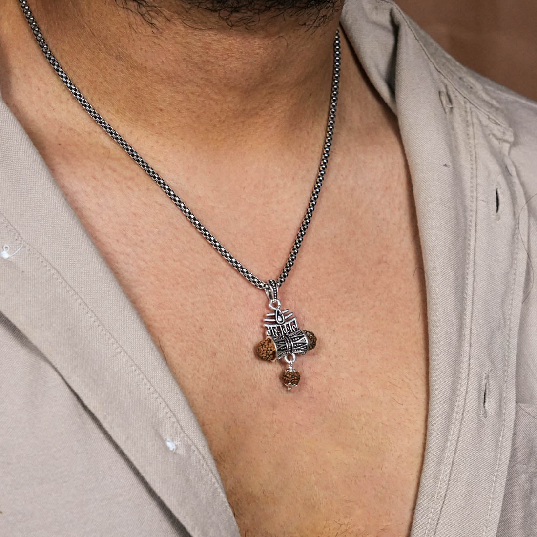 Orignal Rudraksha Mahakaal Damru Pendant with Silver Chain