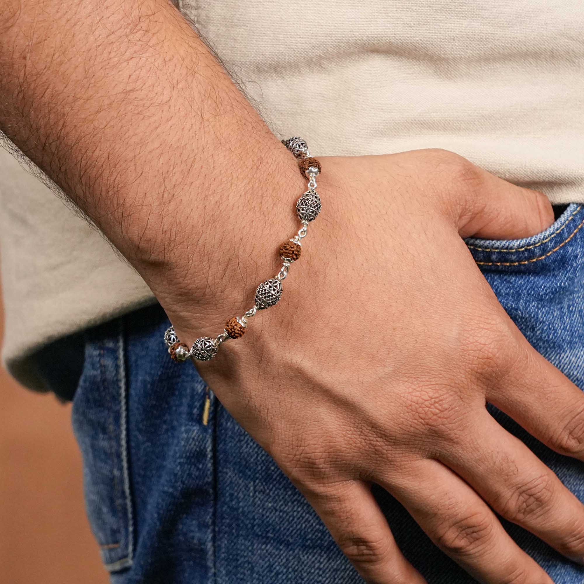 Authentic Rudraksha and Cylindrical Silver Beads Bracelet