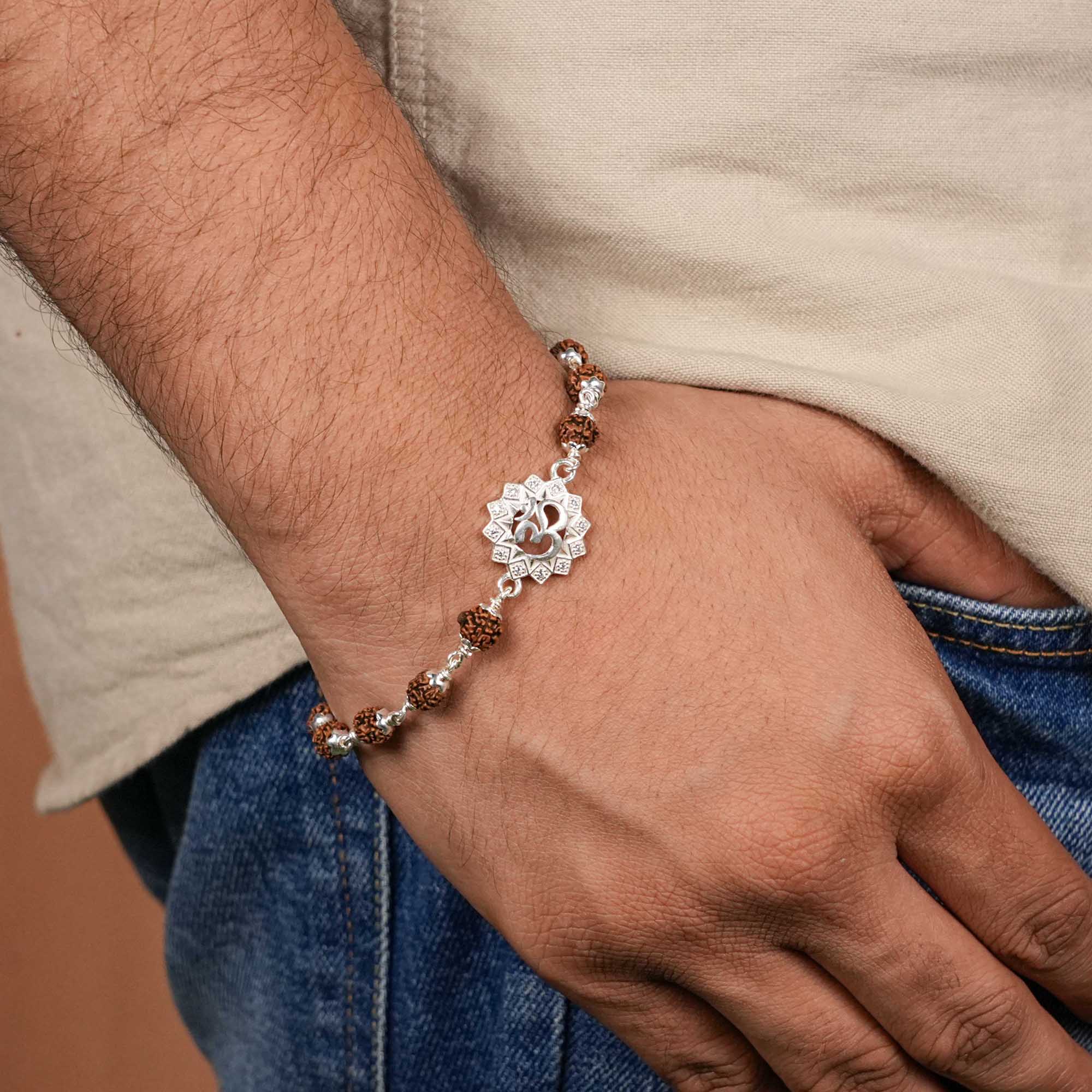 Rudraksha Silver Bracelet With Om in a Concave Sphere