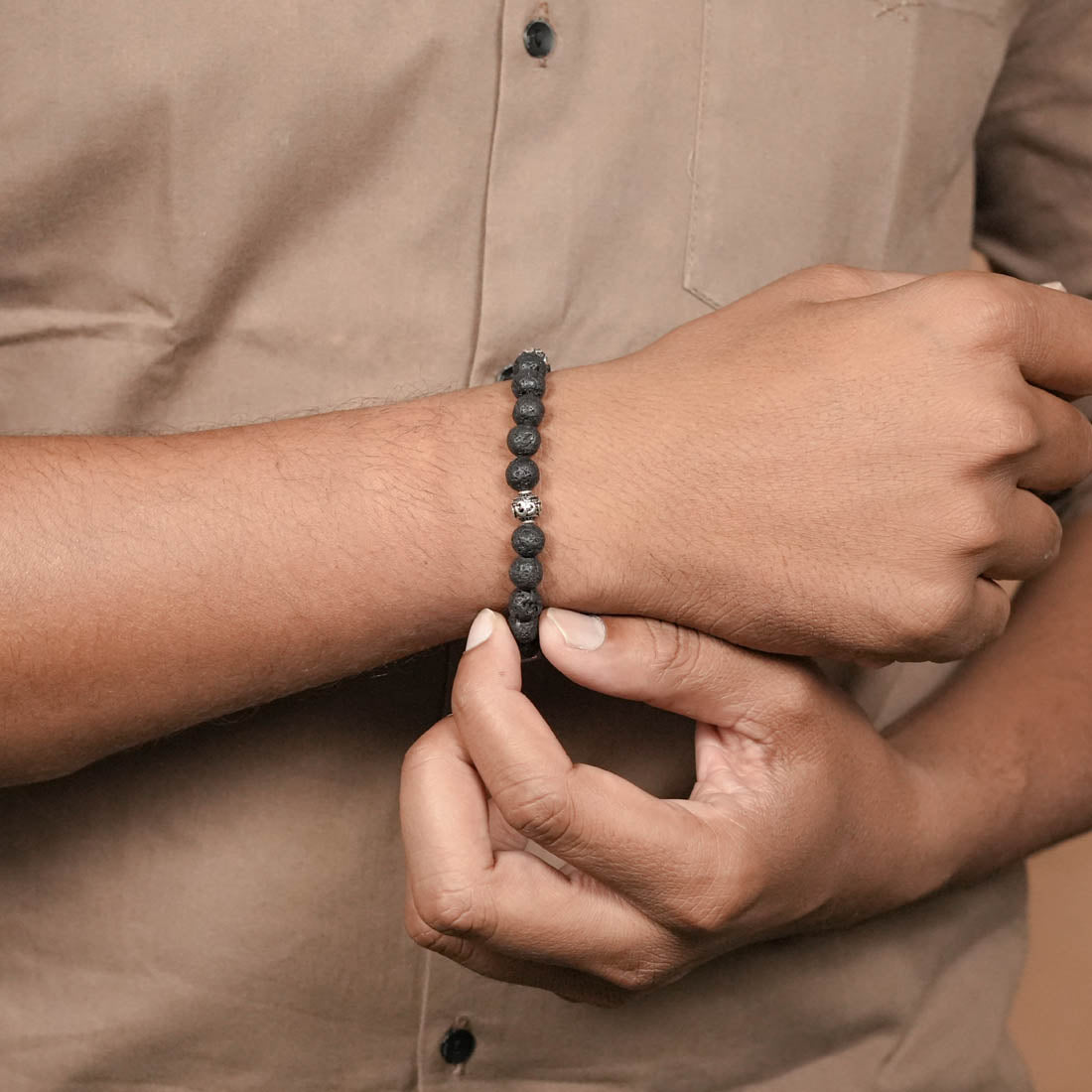 Organic Lava Stone and Om Silver Beads Bracelet