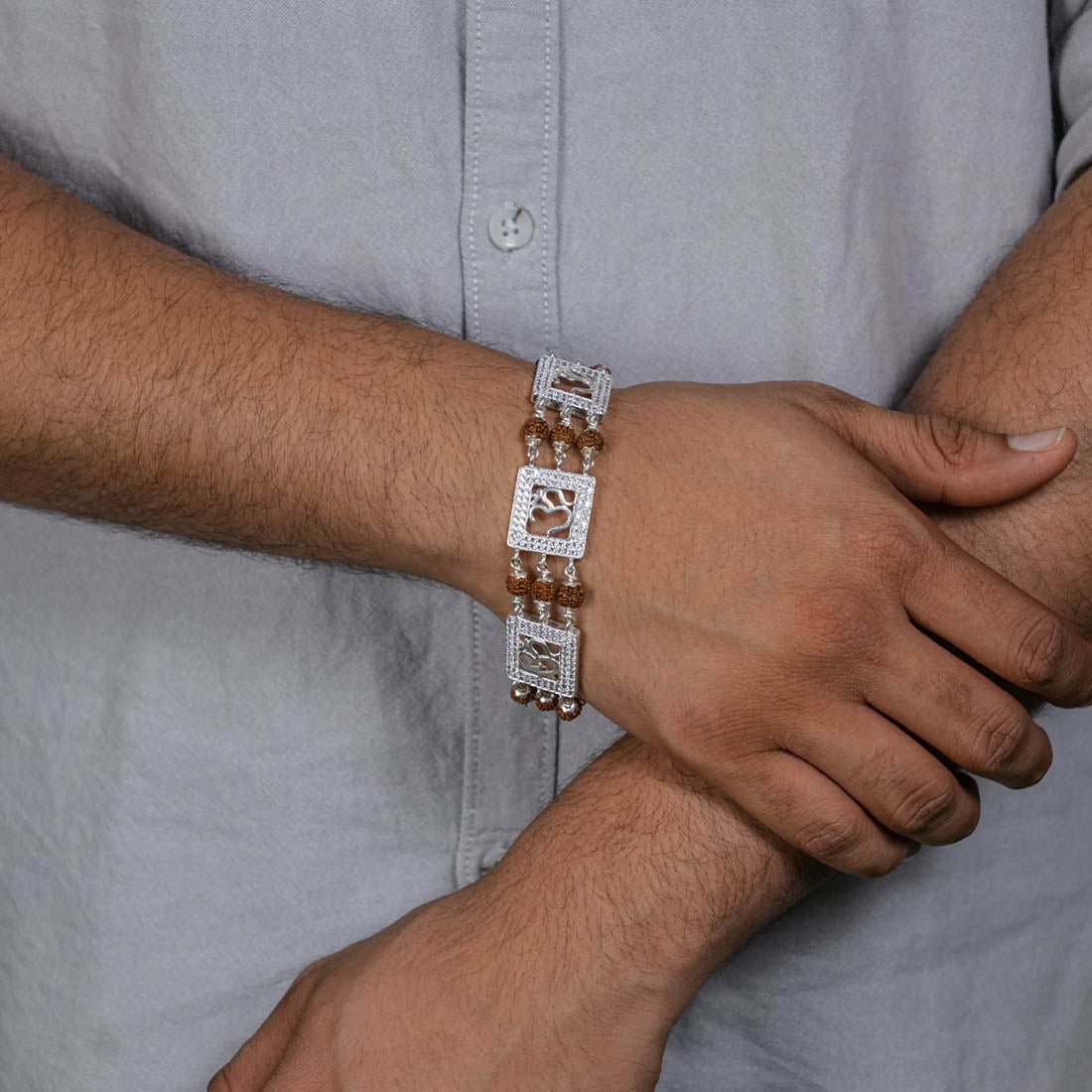 Orignal Rudraksha Silver Diamond Om Brooch Three Line Bracelet