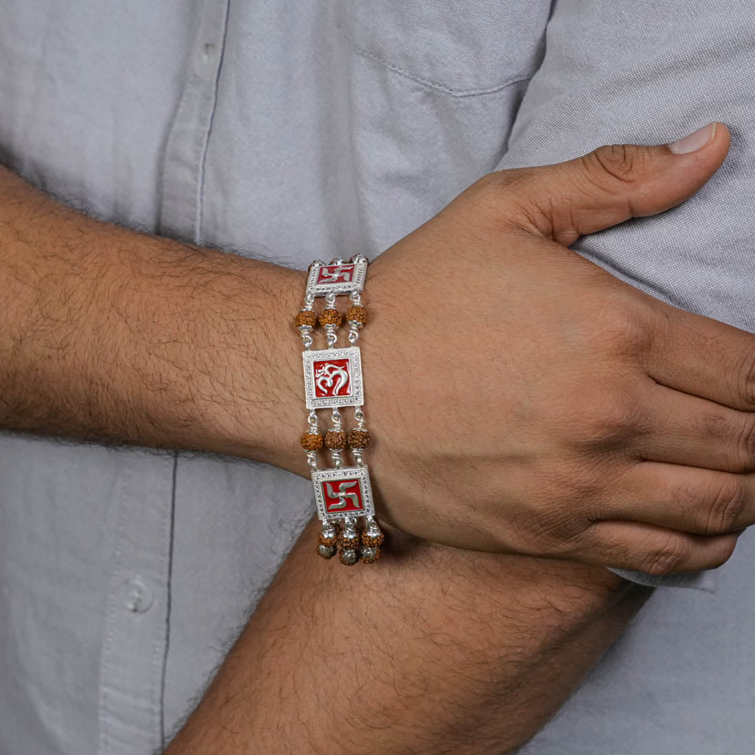 Original Rudraksha Om Swastik Triple Line Bracelet