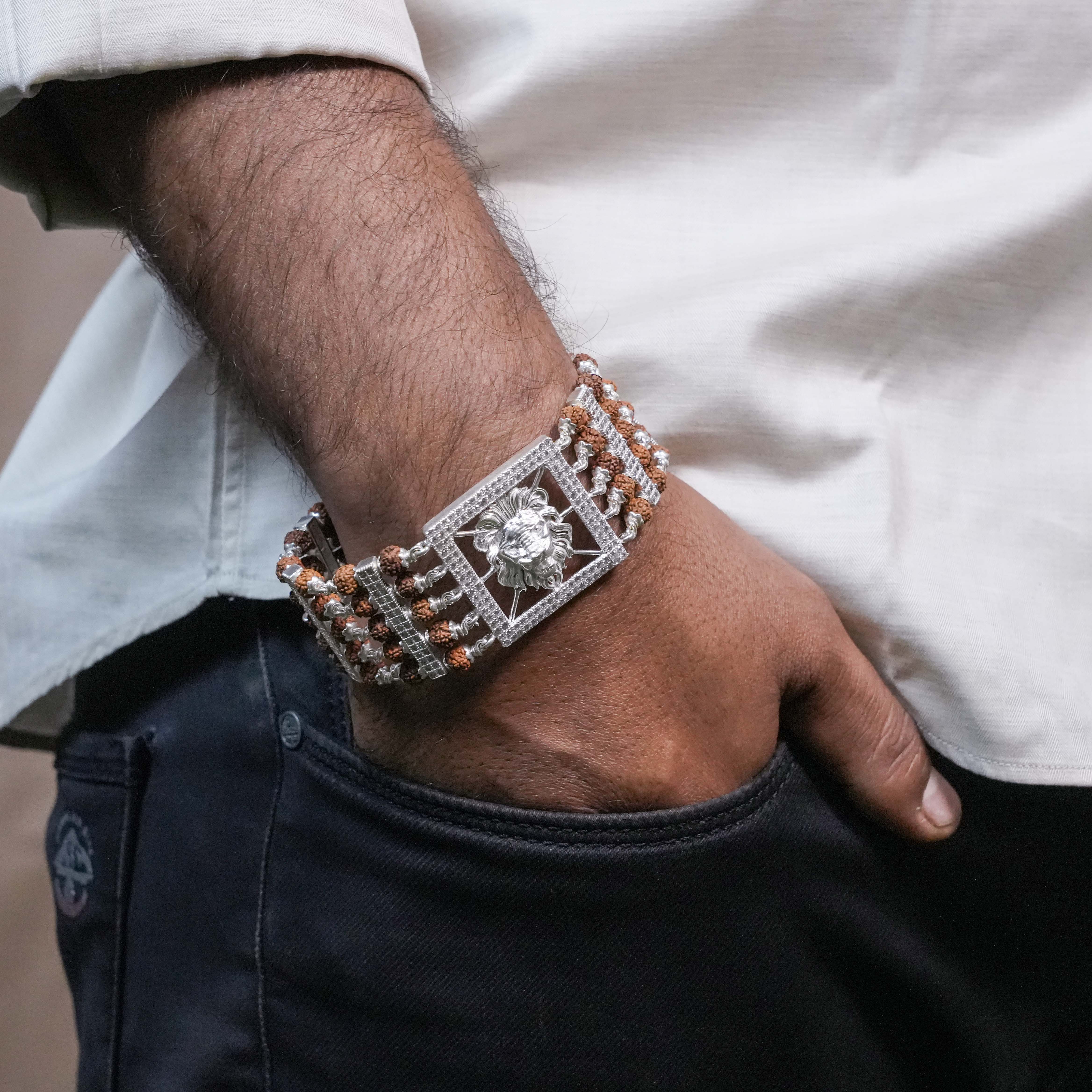 Orignal Rudraksha Silver Roaring Lion Five Lines Bracelet