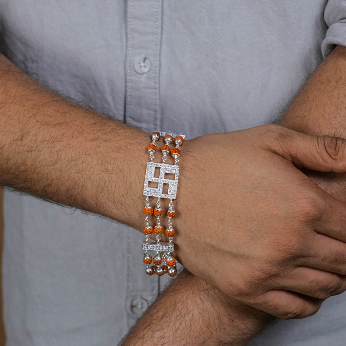 Orignal Rudraksha Silver Swastik Brooch Triple Line Bracelet