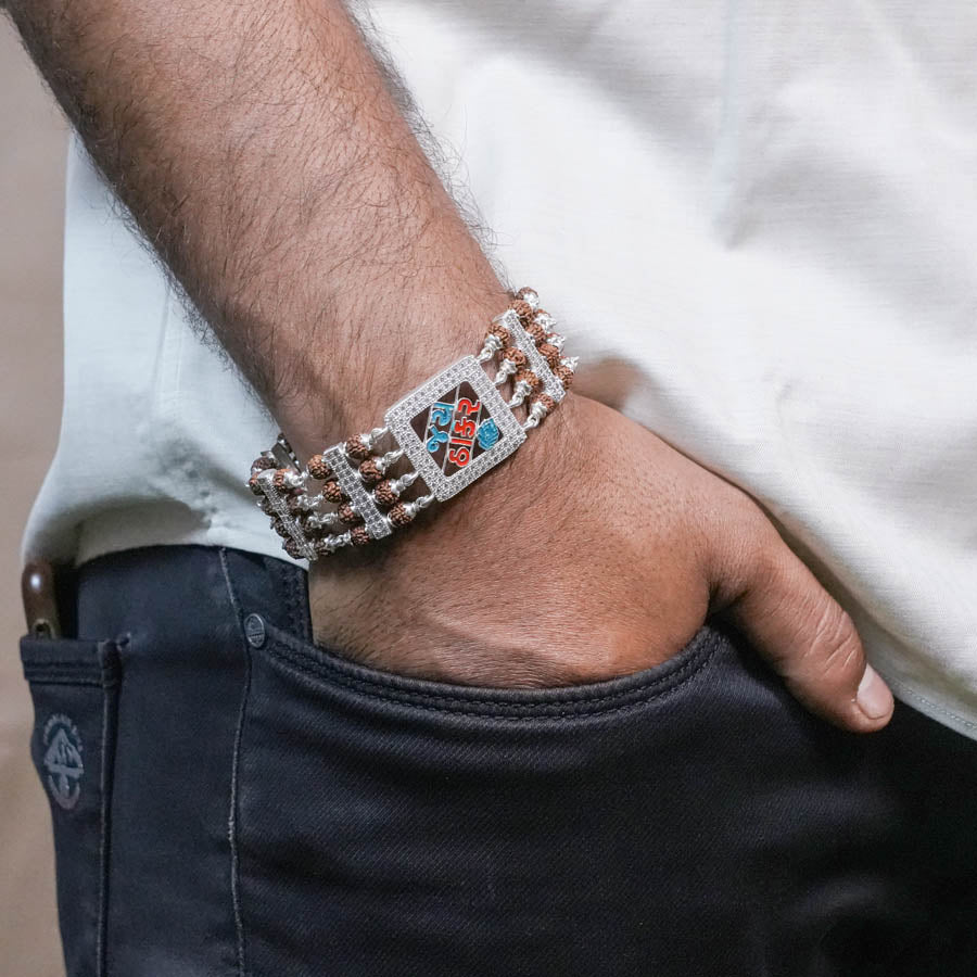 Orignal Rudraksha Silver Jay Thakar Four Line Bracelet